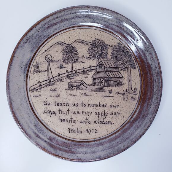 Handmade POTTERY Farm Scene Decorative 9" Plate Inscribed w/ Psalm 90:12~ Signed - Picture 2 of 5